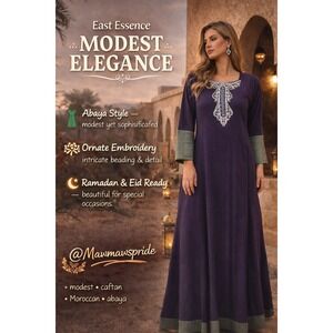 East Essence Abaya Maxi Dress Violet Purple Embroidered Modest Caftan Ramadan